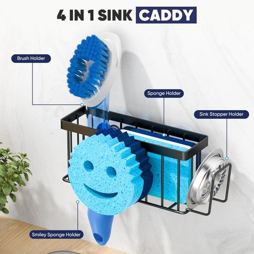 MURLONG Sponge Holder for Kitchen Sink,Sink Caddy Smiley Face,4-in-1 Sponge Holder with Suction Cups & 1 PCS Adhesive Strips for Holding Soap,Brush,Scrubber,Sponge,Stopper-Black