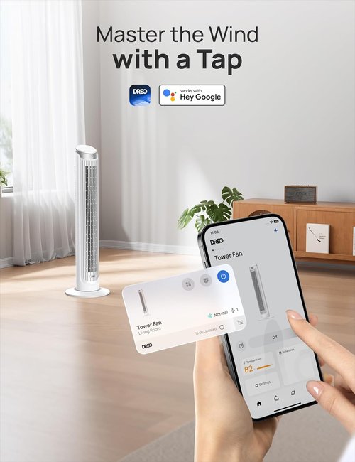 DREO Smart Tower Fan - Quiet 90° Oscillating Indoor Fan with Remote & Voice Control | 12H Timer, 26ft/s Velocity