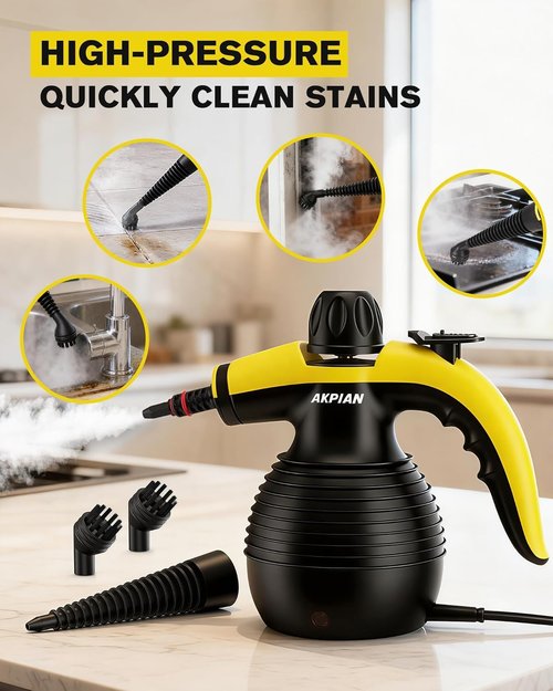 AKPIAN Handheld Steam Cleaner, 1050W Rapid-Heating Stainless Steel Boiler, Safety Locking Mechanism, Includes 10 Cleaning Tools, Deep Cleans Kitchens, Bathrooms, Cars, Windows, and More, Black