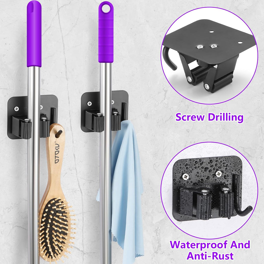Stainless Steel Broom Holder - Heavy Duty & Rust Resistant | 4 Gripper Positions & Hooks, Black