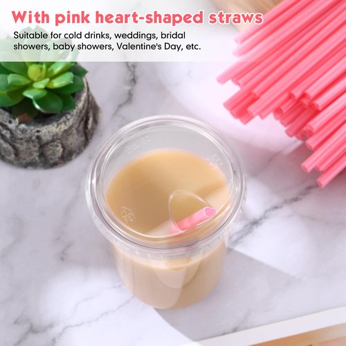 Ziliny 50 Sets Clear Plastic Cups with Heart Shaped Pink Straws and Strawless Lids Disposable Round Bottom PET Cups for Iced Coffee Cold Beverage Party Wedding Bridal Shower (Clear,16 oz)