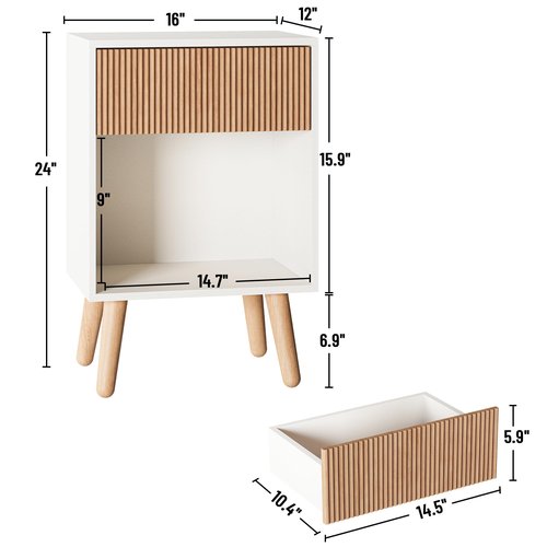 Fluted Nightstand, Modern Bedside Table with Storage Drawers and Open Wood Shelf, Night Stand with Solid Wood Legs, End Tables Side Tables for Living Room, Bedroom