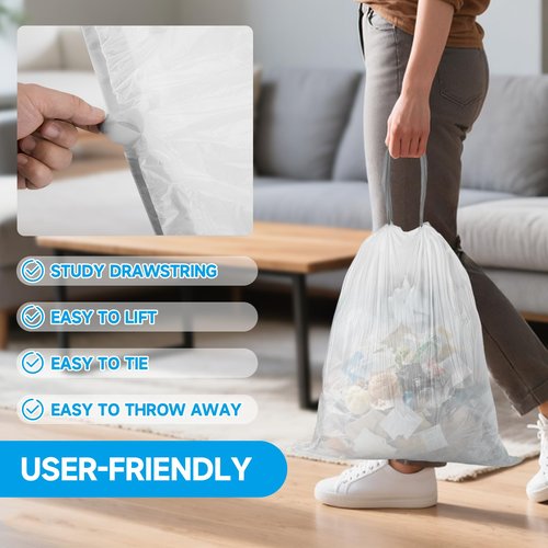 Ryobyo 180 Counts Drawstring Small Trash Bags 2-4 Gallon, 4 Gallon Mini Trash Bag Extra Strong, Small Garbage Bags Unscented, Stretchy, Quick Cinch for Bathroom Bedroom Office,White