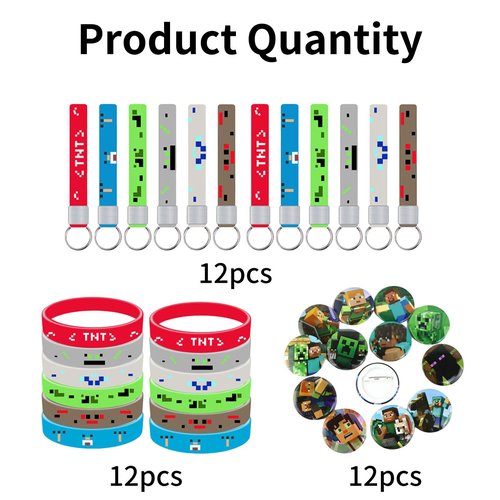 Lyomied 36 Pcs Pixel Birthday Party Favors Set, Game Theme Birthday Party Supplies, Includes Silicone Bracelets, Keychains, Badge, Gaming Party Favors
