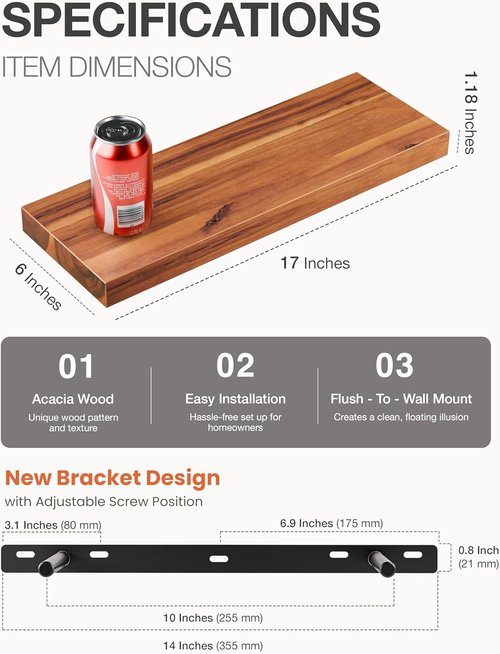 BATODA 17" Acacia Wood Floating Shelves - Rustic Wall-Mounted Storage for Bedroom & Kitchen | Includes Brackets