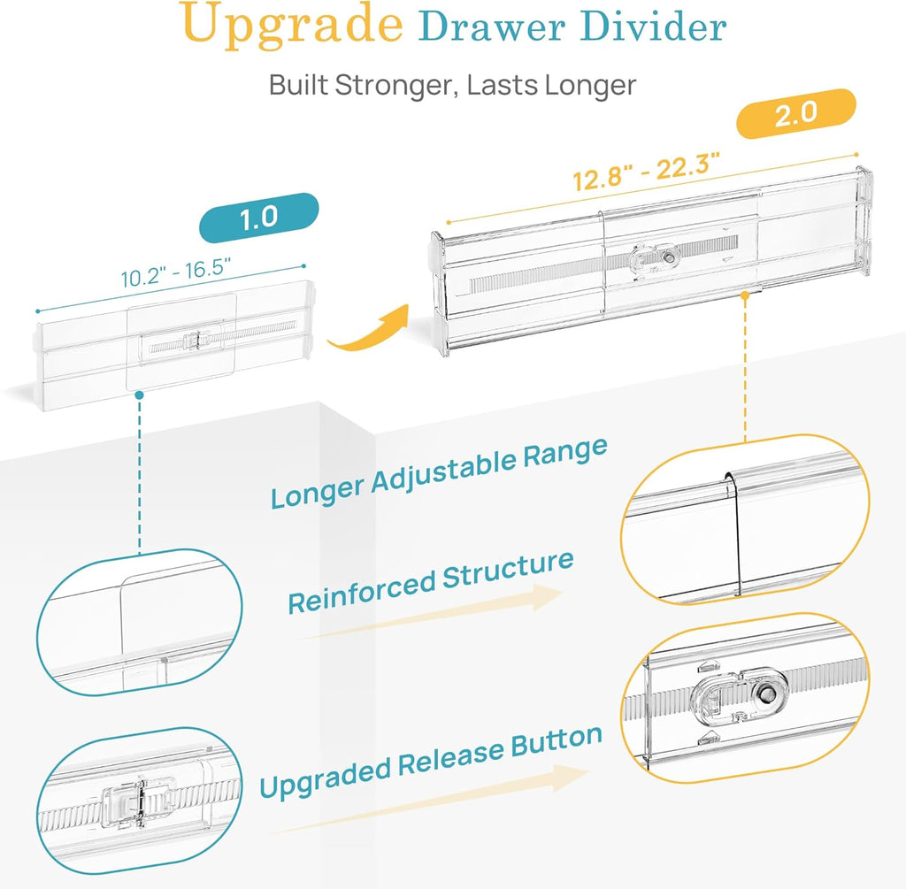 Vtopmart 8-Pack Drawer Dividers - Expandable Clear Organizers for Clothes & Cosmetics (12.8"-22.3")