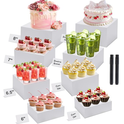 Buffet Risers, Acrylic Food Risers for Buffet Table, 8Pcs Buffet Table Risers with Mini Signs, Food Service Risers Display Stands Risers with Hollow Bottoms, 6" 6.5" 7" 8'' Risers for Buffet Jewelry