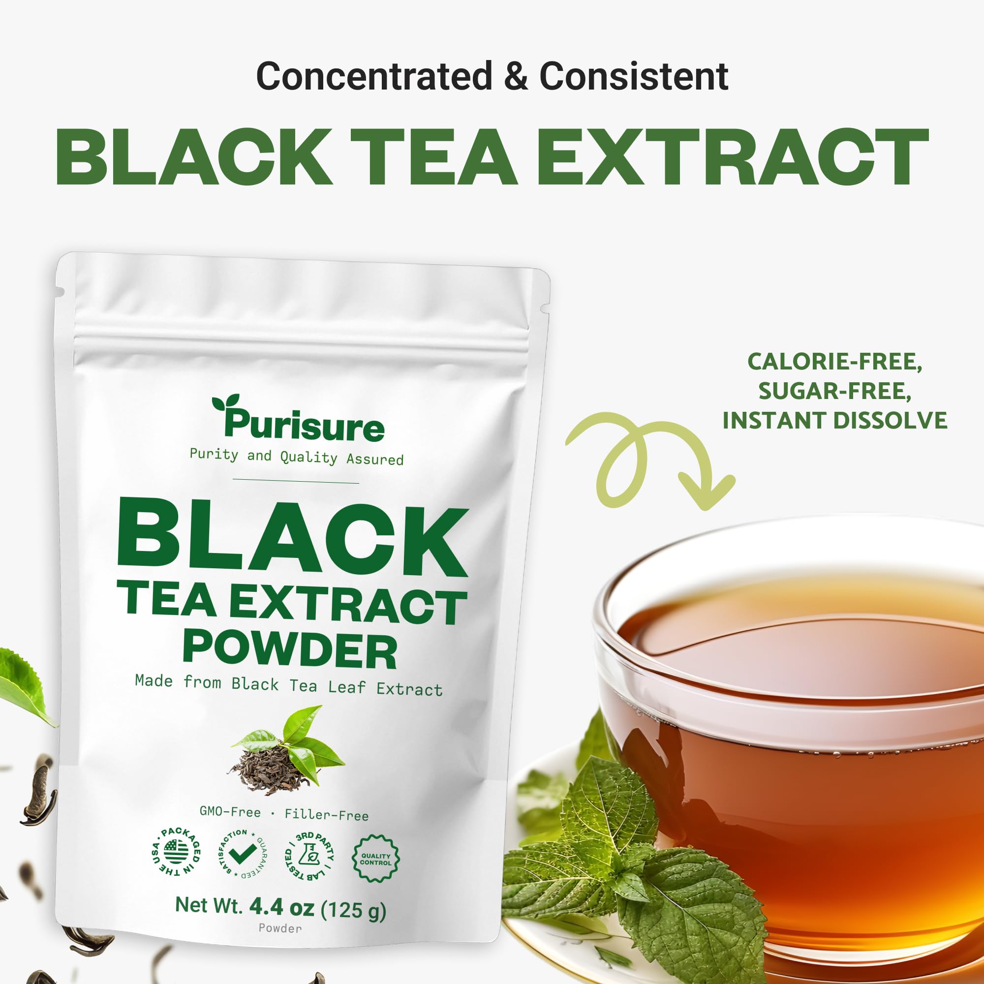 Instant Black Tea Extract Powder, Unsweetened Iced Tea Extract Powder from Real Black Tea Leaves for Hot or Cold Drinks, Instant Black Tea Mix for Beverages, Smooth Mixing, Zero Additives, Non-GMO, 125g , 250 Servings