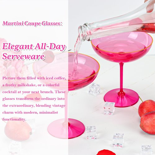 12 PCS Plastic Coupe Glasses 9 oz Hot Pink Detachable Gold Rim Martini Glass Espresso Champagne Cocktail Cups Disposable Vintage Margarita Glassware for Valentine's Day Wedding Bridal Shower Party