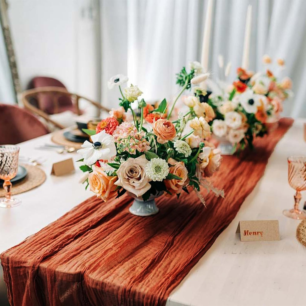 Skiennix Terracotta Cheesecloth Table Runner - 10 FT Long, Semi-Sheer Boho Rustic Design | 35 x 120 Inch