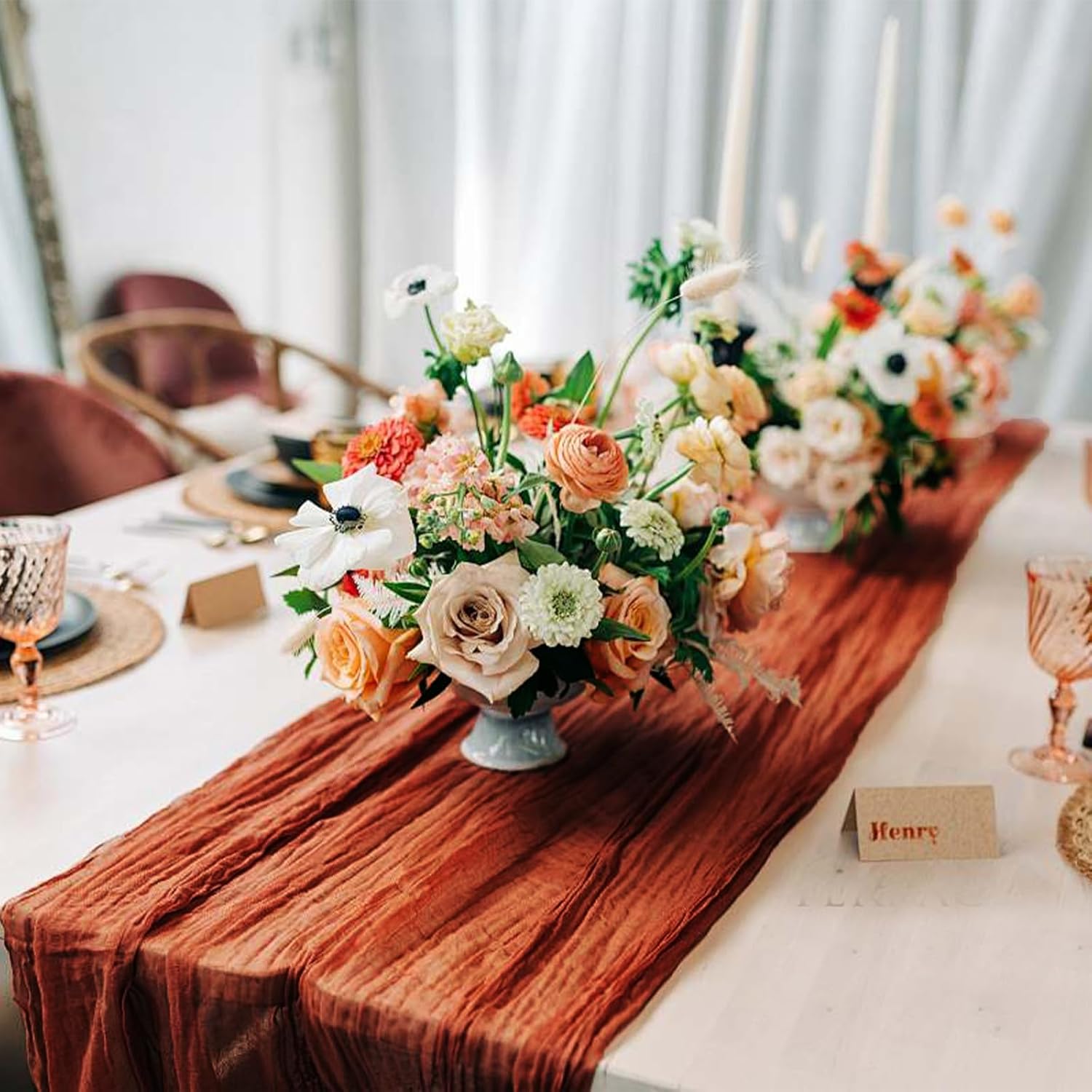 Skiennix Terracotta Cheesecloth Table Runner - 10 FT Long, Semi-Sheer Boho Rustic Design | 35 x 120 Inch