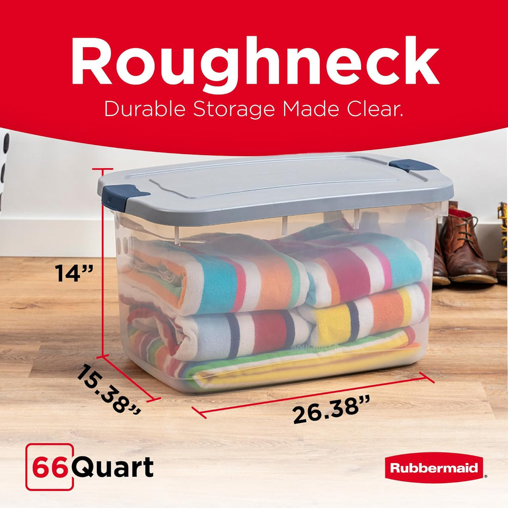 Rubbermaid Roughneck 66 Qt Storage Containers - Pack of 4 with Sturdy Grey Lids | Clear, Stackable Design