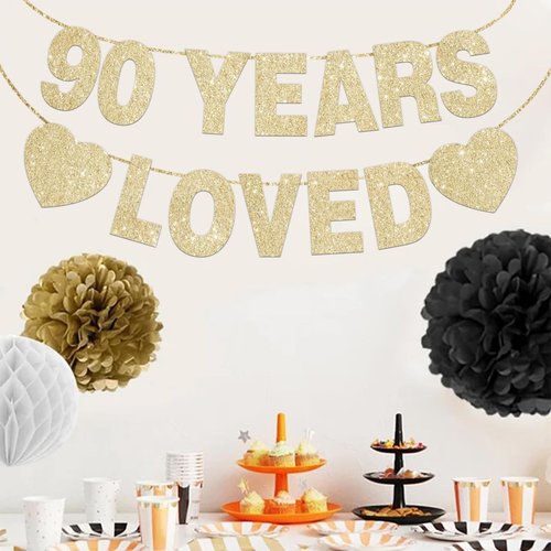 90 Years Loved Banner for 90th Birthday Decorations for Men Women Pre-Strung 90th Birthday Banner 90th Party Decorations Gold Glitter