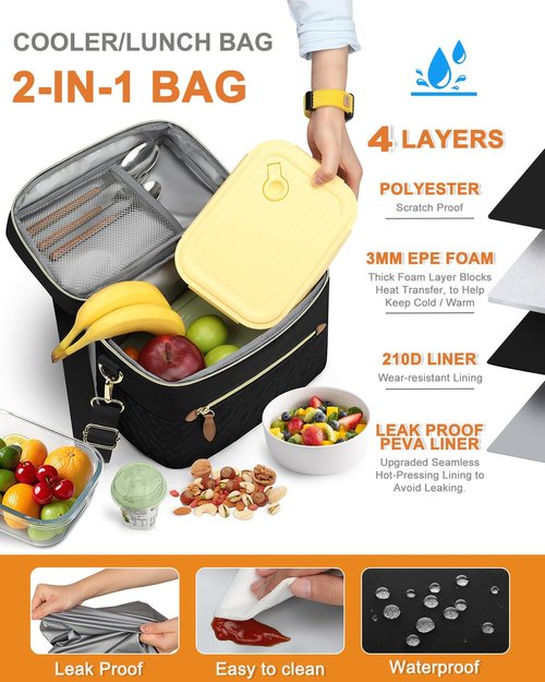 Capolo Lunch Box for Women Men Adults,Insulated Lunch Bag Leakproof Lunch Cooler Box with Removable Strap Cute Lunch Tote Bags Reusable Thermal Lunchbox for School Work Picnic(Small,Black)