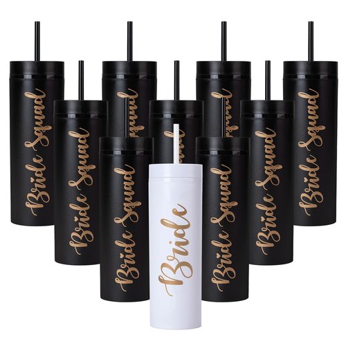 10 Pack Skinny Tumbler | 16 oz Bride & Squad Tumblers | Bachelorette Party Cups | Engagement Wedding Gifts Bridesmaids Mugs Bachelorette Party Supplies & Games (Black)