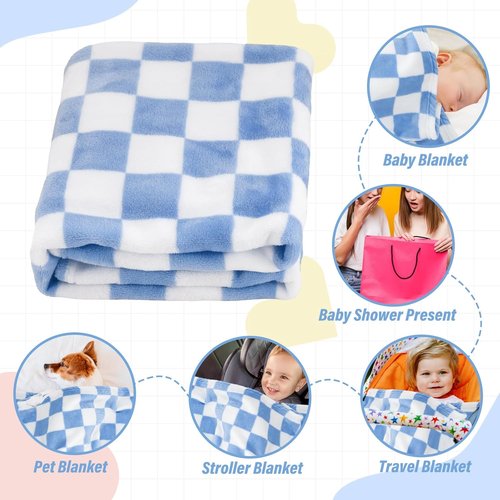 GreatBba Plush Checkered Baby Blanket - Soft Fleece for Infants | 30"x40" Blue & White Chenille