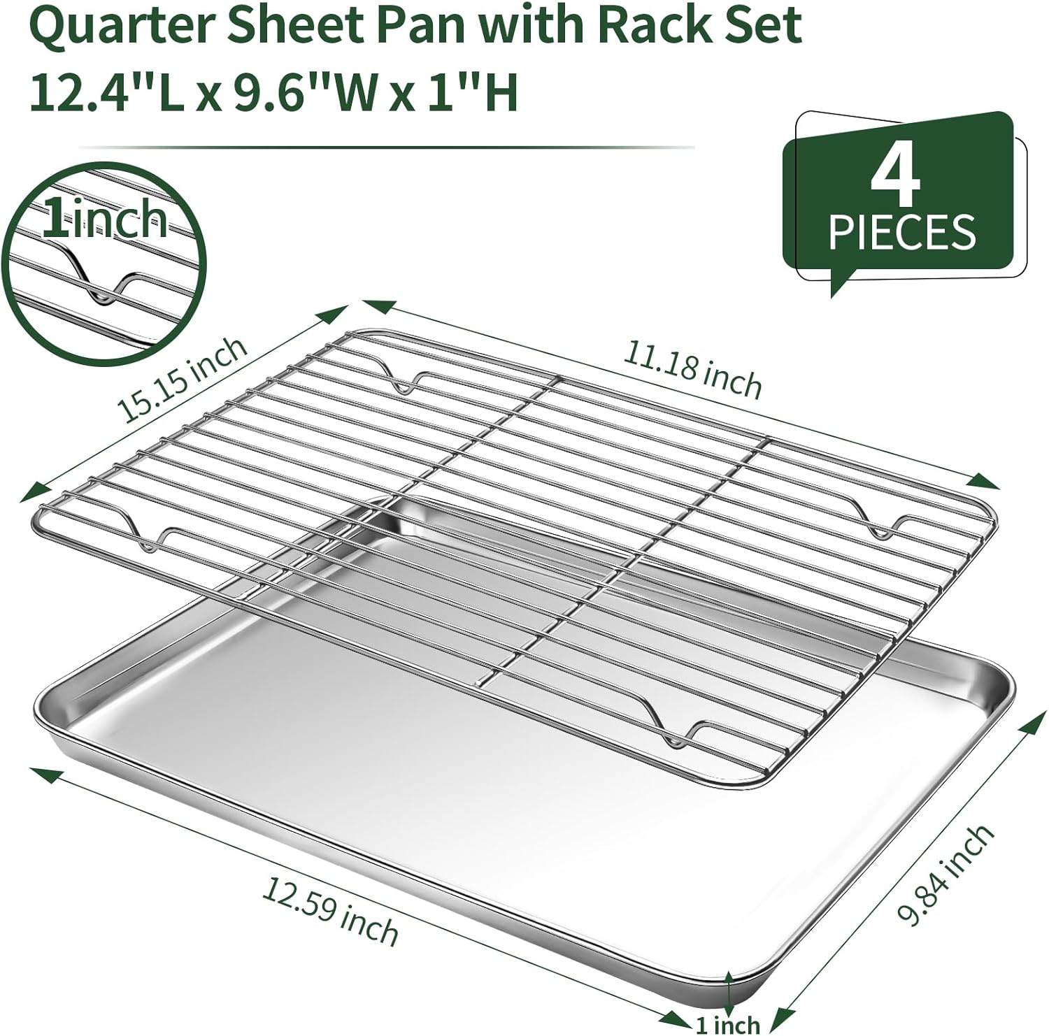 CEKEE Stainless Steel Baking Sheet Set - 2 Quarter Pans with Wire Racks | Non-Toxic, Heavy Duty, Easy Clean - 12 x 10 x 1 Inch