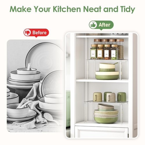 Delamu Clear Kitchen Cabinet Organizer, Set of 2 Acrylic Shelf Organizer for Cupboard Organizers and Storage, Stackable Cabinet Shelf for Plate, Dish, Bowl, Cup & Mug, 11.7" W x 7.7" D x 6.3" H