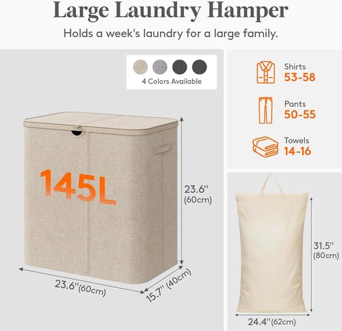 Lifewit 145L Large Laundry Basket - Foldable Hamper with Lid & Removable Bag | Beige