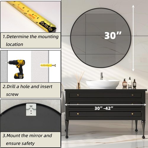 Mfring Round Black Mirror, 30 Inch Circle Black Mirror, Metal Frame Round Wall Mounted Mirrors for Bathroom, Living Room, Bedroom, Entryway, Vanity