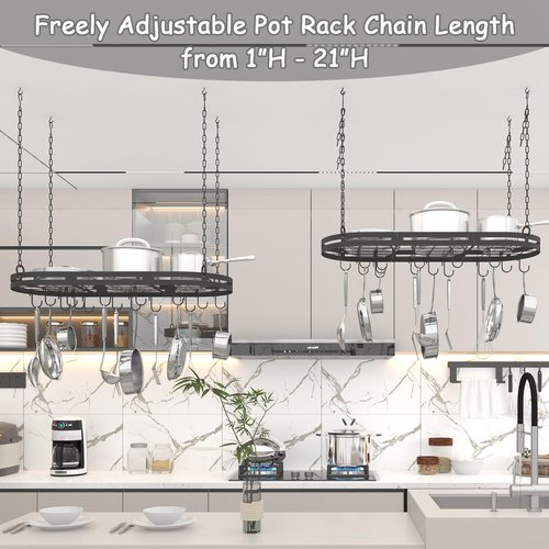 33” Hanging Pot Rack Ceiling Mount, Black Metal Pan Rack Hanging with 15 Hooks, Oval Pots and Pans Hanging Rack, Ceiling Hanging Pot Racks with Grid, Pan and Pot hangers for Kitchen Cookware Utensils