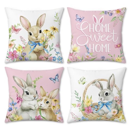Bonhause Spring Easter Bunny Throw Pillow Covers 18x18 Inch Pink Rabbit Floral Butterfly Home Sweet Home Spring Decor Soft Velvet Decorative Pillow Cases for Couch Sofa Patio Garden Set of 4