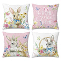 Bonhause Spring Easter Bunny Throw Pillow Covers 18x18 Inch Pink Rabbit Floral Butterfly Home Sweet Home Spring Decor Soft Velvet Decorative Pillow Cases for Couch Sofa Patio Garden Set of 4