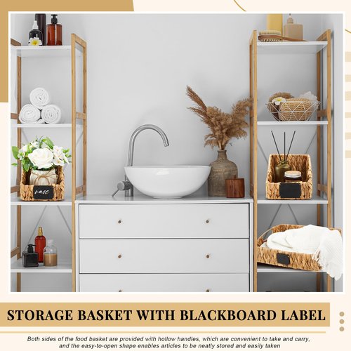Wonderjune 4 Pcs Water Hyacinth Storage Basket Set Wicker Rattan Pantry Basket with Chalkboard Label Handles Woven Container Kitchen Laundry Large Small for Shelves Food Home Bathroom Decor
