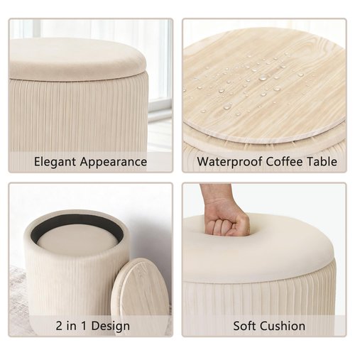 CAROLMADE Set of 2 Round Ottoman with Storage, Upholstered Vanity Stool Support 330lbs Multifunctional Coffee Table Ottoman Velvet Foot Rest Stool or Living Room Bedroom Dorm (Beige)