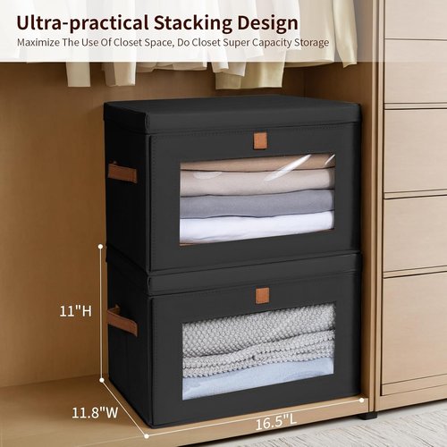 Homsorout Collapsible Storage Bins - Large Stackable Organizer Bins with Handles & Window | 4 Pack, Black