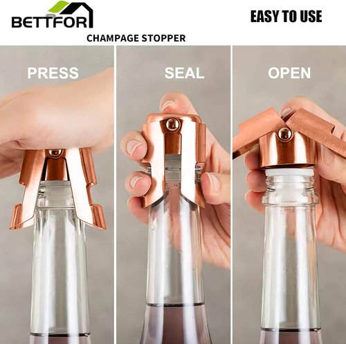 Champagne Stoppers with Stainless Steel Champagne Saver with Food Grade Silicone Leak proof Keep Fresh Suitable for Champagne, Cava, Prosecco and Sparkling(RoseGold, 2 Pack)
