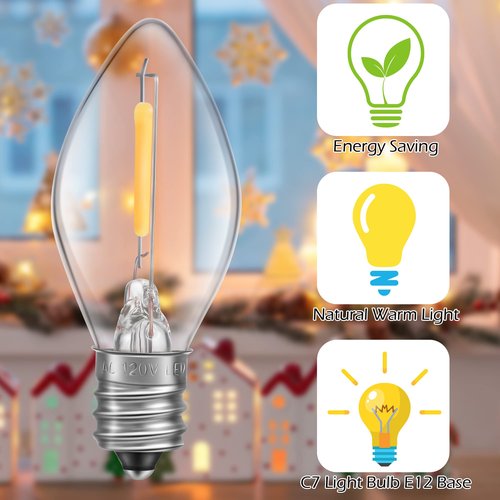Meonum 2 Pack Accessory Cord with 24 LED Light Bulb, C7 Cord Clip Christmas Village Lights with Double Spare Fuse, Blow Mold String Decoration for Xmas Village House Pumpkin Crafts