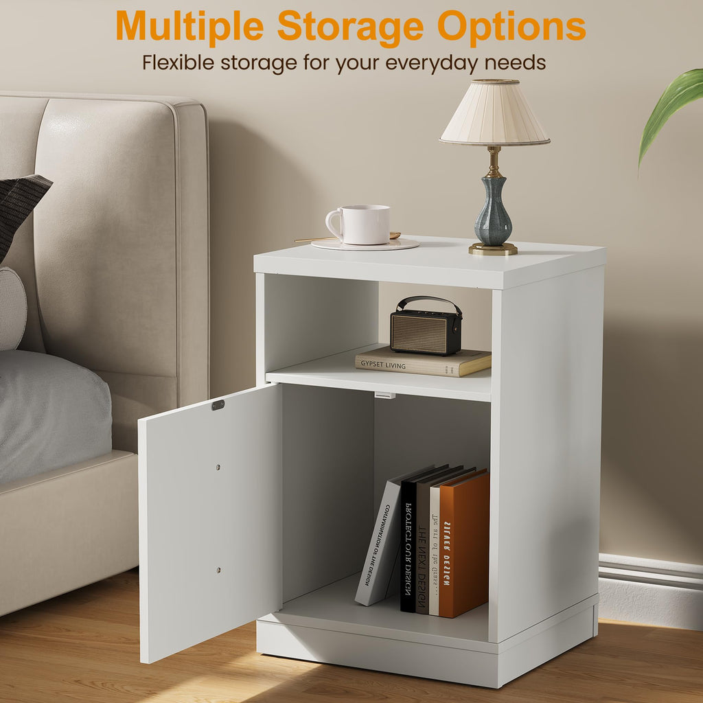 RoyalCraft White Nightstand with Storage Shelf and Door, Faux Two-Drawer Design Side Table, Modern Night Stand for Bedroom Dorm, Wood End Table for Small Spaces