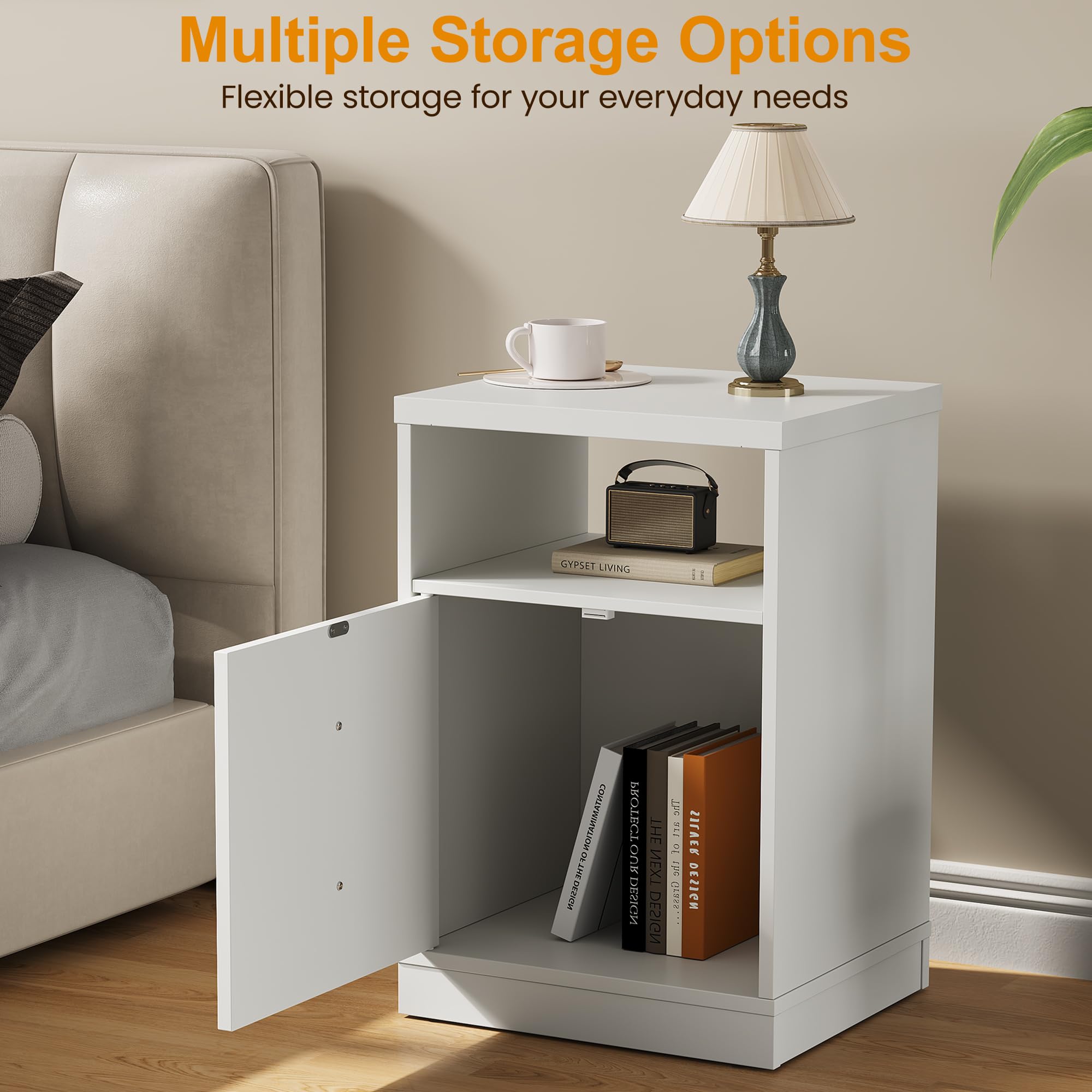 RoyalCraft White Nightstand with Storage Shelf and Door, Faux Two-Drawer Design Side Table, Modern Night Stand for Bedroom Dorm, Wood End Table for Small Spaces