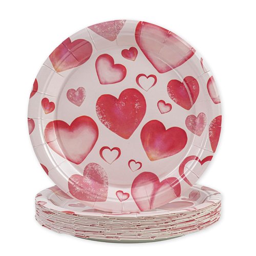 PUEVENYI 50PCS Valentine's Day Paper Plates - 7Inch Pink Heart Love Print Dessert Plates for Cake Salad Fruit Pizza,Disposable Decoration Supplies for Valentine's Wedding Anniversaries Birthday Party
