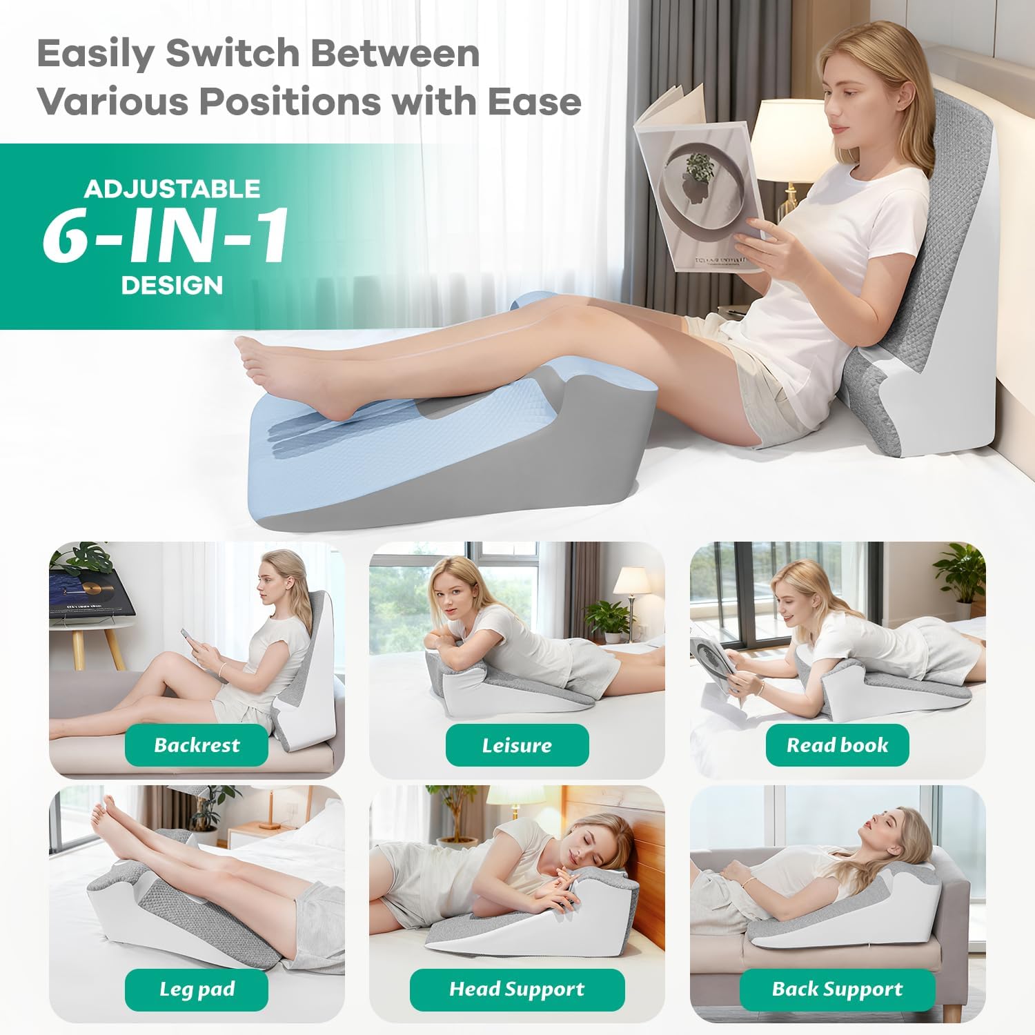Skiennix Bed Wedge Pillow - Ergonomic Memory Foam Support for Sleep Apnea & Reading - Grey