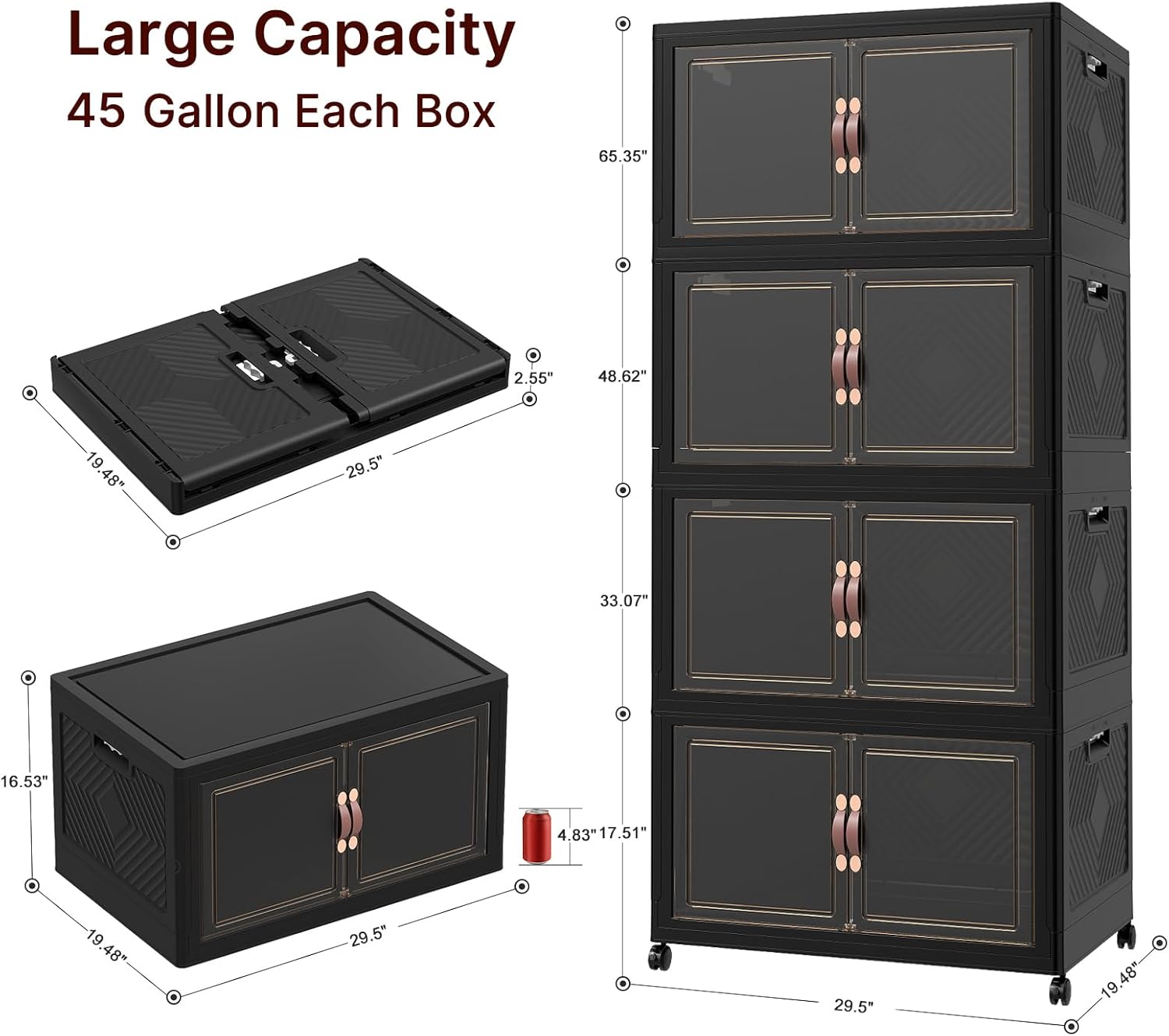 UAMFURI Stackable Storage Bins - 720QT Lockable Cabinet with Lids & Wheels | Extra Large Black Drawers for Home & Office