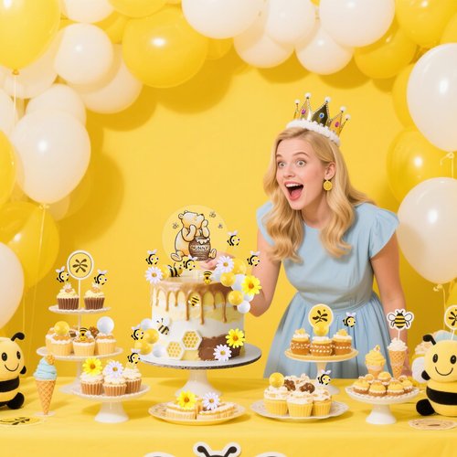 MEMOVAN Winnie Bear Cake Topper Winnie Baby Shower Cake Decorations Pooh Bear Toppers Yellow White Balls Cupcake Picks with Classic Pooh Bees Daisys Flowers for Oh Baby Bee Theme Shower Birthday Party