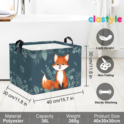 Clastyle Cute Woodland Animal Laundry Basket Kids Clothes Book Storage Basket Gift Toy Box for Bedroom Decor,Fox,40x30x30 cm