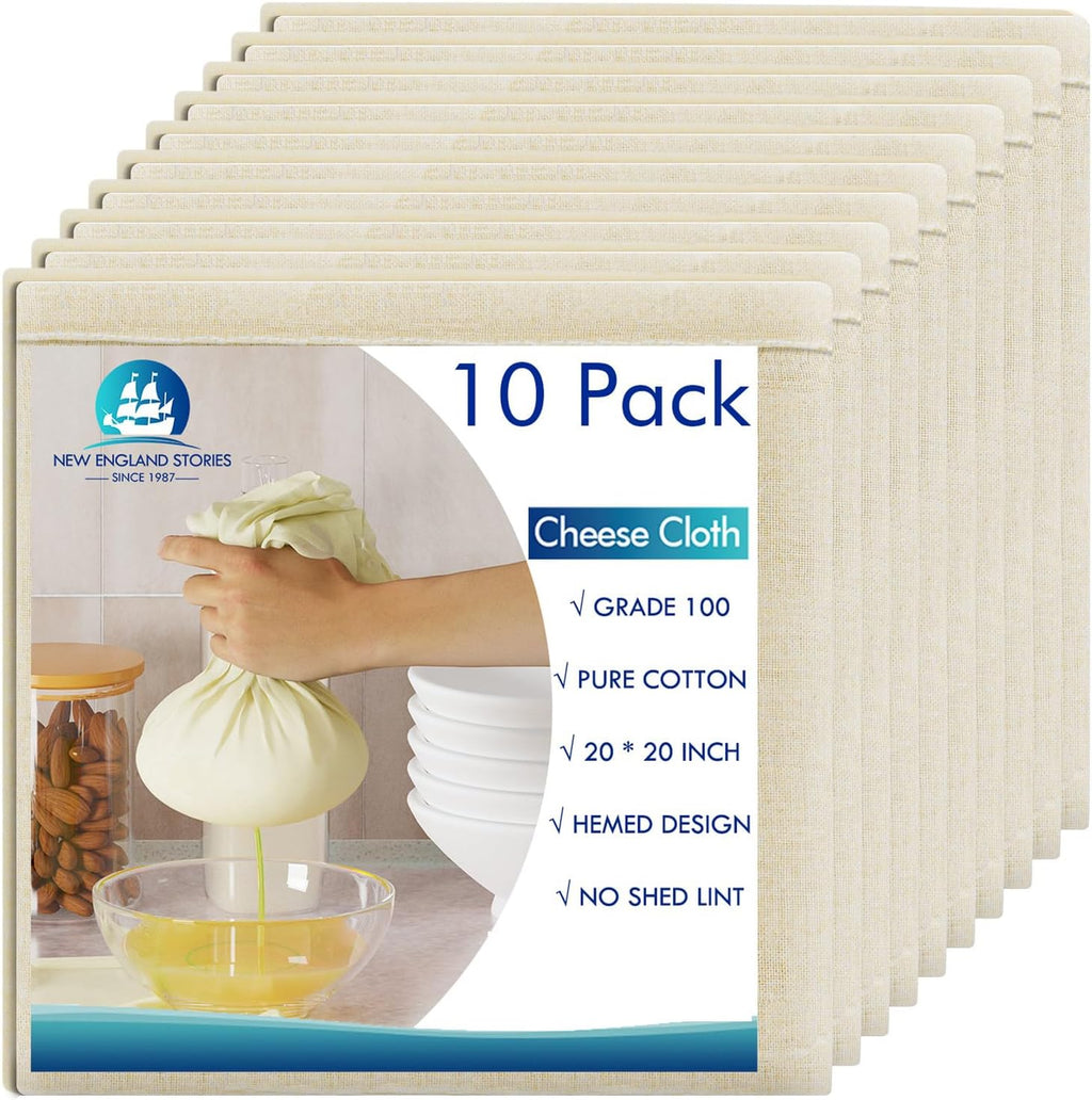 Skiennix Reusable Cheesecloth - 10 PCS Grade 100, 20x20 Inch Unbleached Cotton Strainer for Cooking & Baking