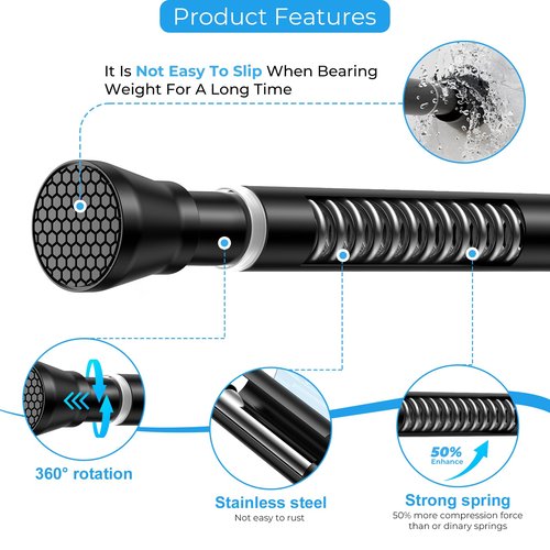 SISELBA Adjustable Tension Curtain Rod 30 to 64 inches, Spring Curtain Rod for Windows Tension Rod No Drill, Spring Tension Curtain Rod for Window, Bathroom, Doorway, Black