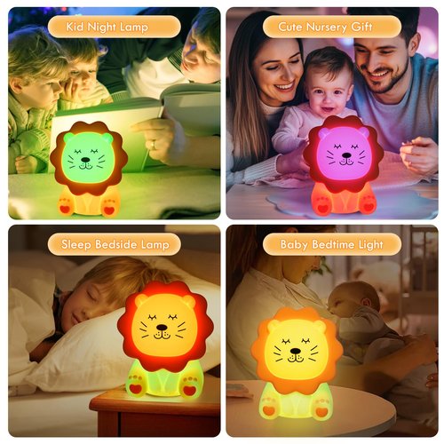 Night Light for Kids, 7 Colors Soft Silicone Kids Night Light with 3 Level Dimmable, Rechargeable Anti-glare Nursery Night Light with Warm White & Multicolor, Squishy Cute Lion Bedside Touch Lamp