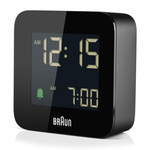 Braun Digital Travel Alarm Clock with Snooze, Compact Size, Negative LCD Display, Quick Set, Crescendo Beep Alarm in Black, Model BC08B (1-Pack)