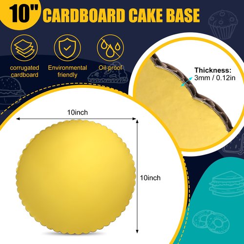 Nuenen 100 Packs Gold Cake Boards Round 10 Inch Cakeboard Circle Scallop Edge Cardboard Base Boards Disposable Cake Plate Grease Proof and Oil Proof Suitable for Wedding Birthday Decorating