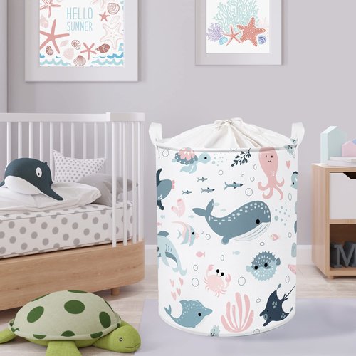 Clastyle Marine Animals Bubbles Kid Laundry Basket with Lid Foldable Sea Shark Dirty Clothes Hamper Round Toy Clothes Pool Beach Towel Basket, Pink Mermaid, 36 * 45 cm
