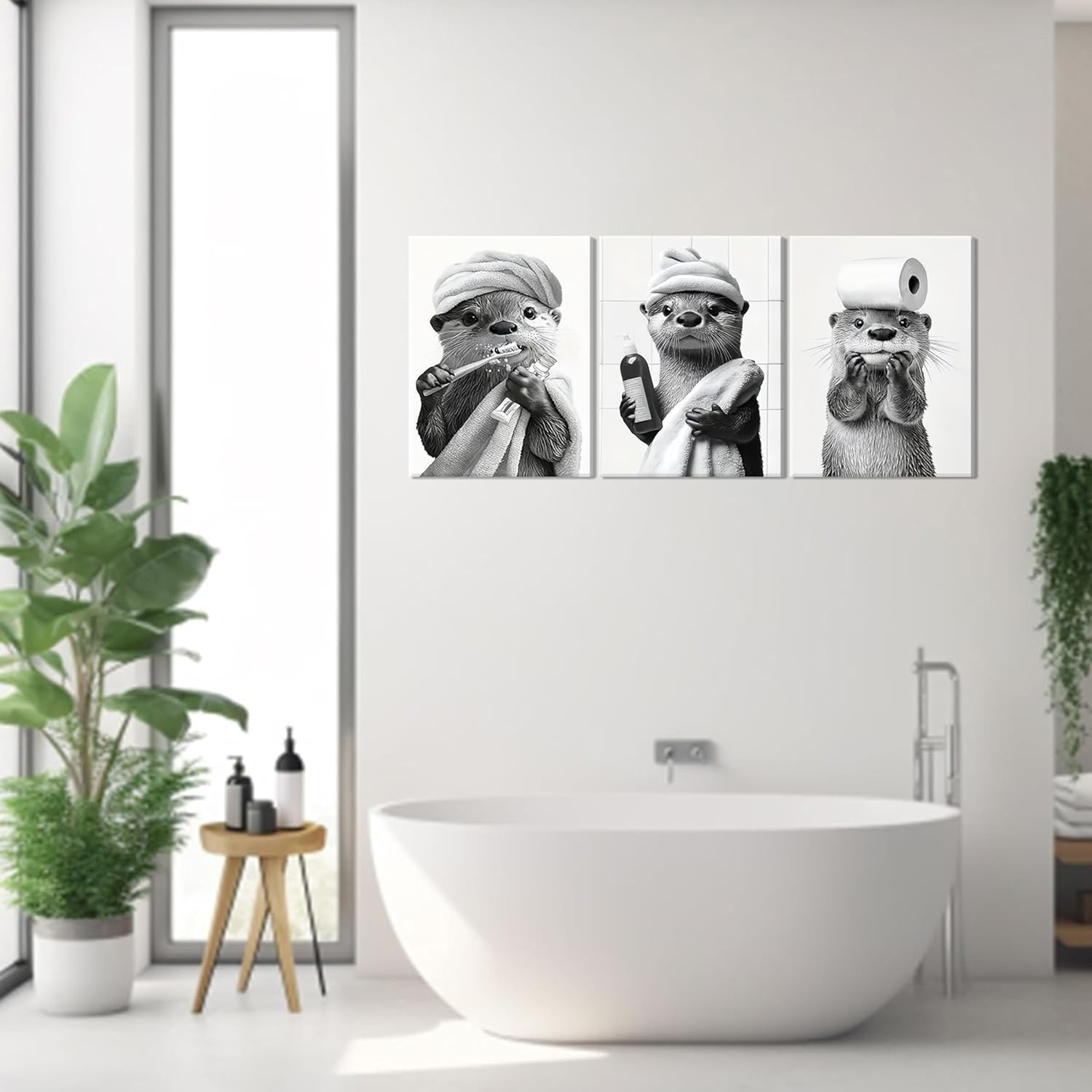 Otter Canvas Wall Art Set by Cute Bathroom | Funny Black and White Decor for Restroom | Ready to Hang 12x16 Inch