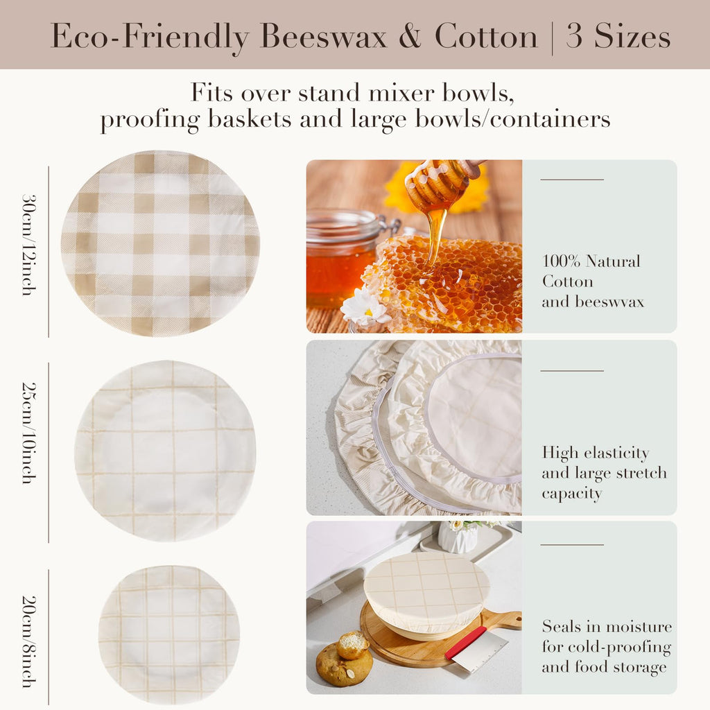Tirphy Reusable Bowl Covers for Bread Proofing - Beeswax Bowl Covers Reusable 8/10/12 Inch - Elastic Cotton Cloth Sourdough Cover - Shower Caps for Sourdough Bread