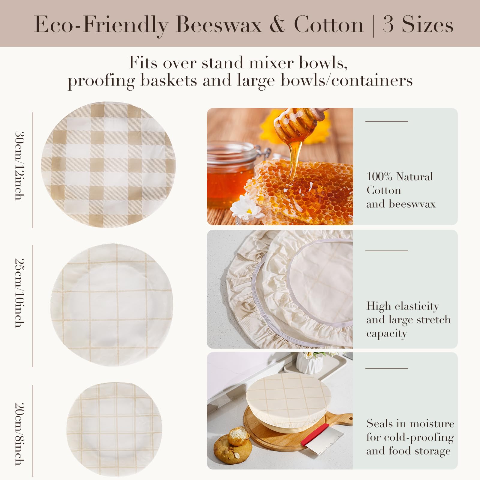 Tirphy Reusable Bowl Covers for Bread Proofing - Beeswax Bowl Covers Reusable 8/10/12 Inch - Elastic Cotton Cloth Sourdough Cover - Shower Caps for Sourdough Bread