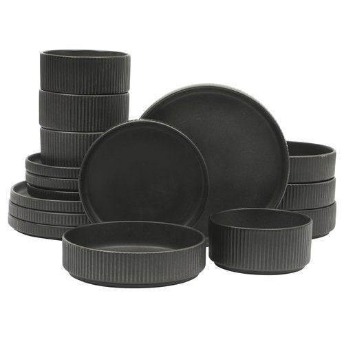 Gibson Elite Deerfield 16-Piece Stoneware Dinnerware Set – Matte Black Reactive Glaze Plates and Bowls, Stackable, Modern Design, Service for 4 – Microwave & Dishwasher Safe