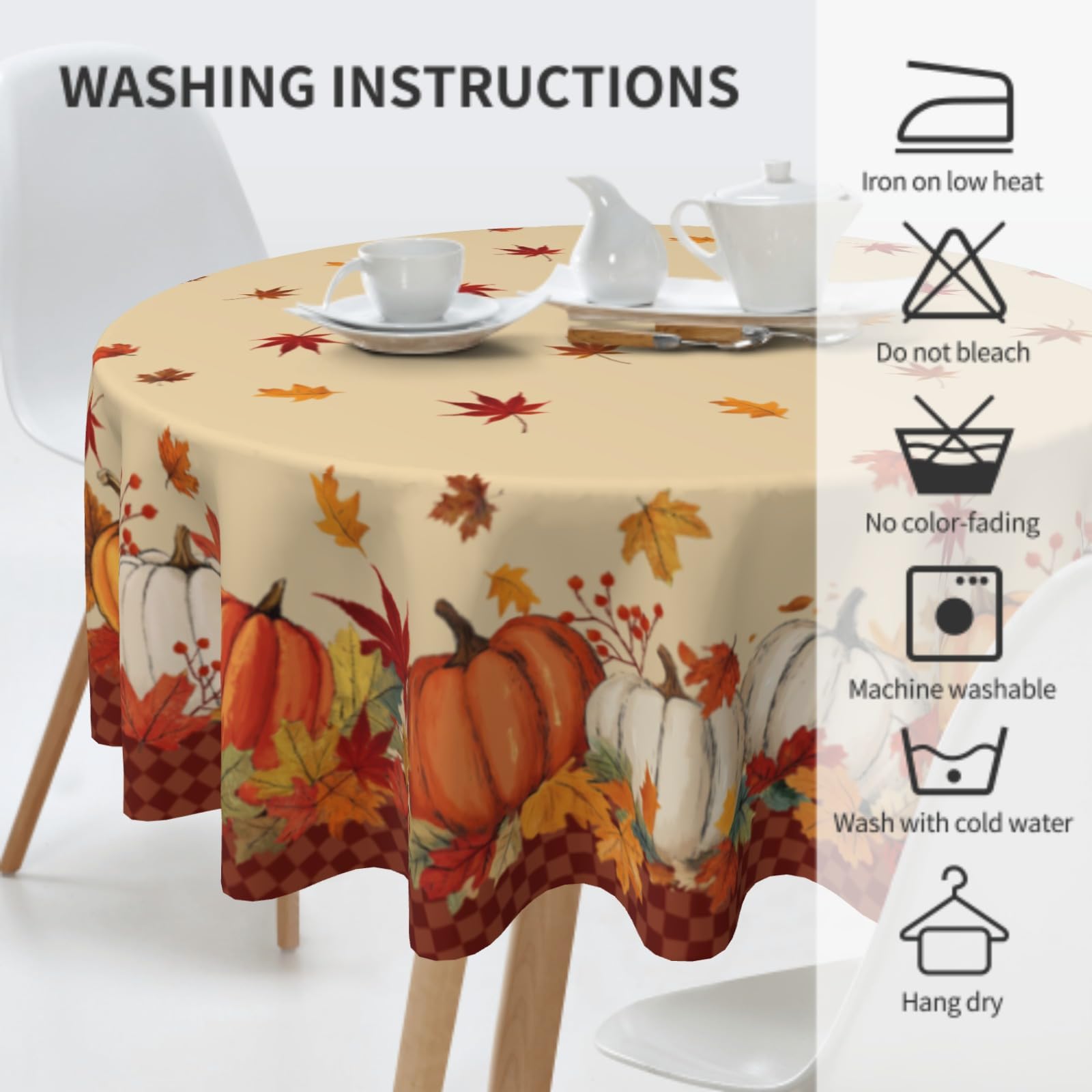 Lvhompro Fall Tablecloth 60 Inch Round White Orange Pumkins Festival Table Cloth Water-Resistant Spill-Proof Washable Fabric Table Cover for Kitchen Dining Party Picnic Indoor Outdoor